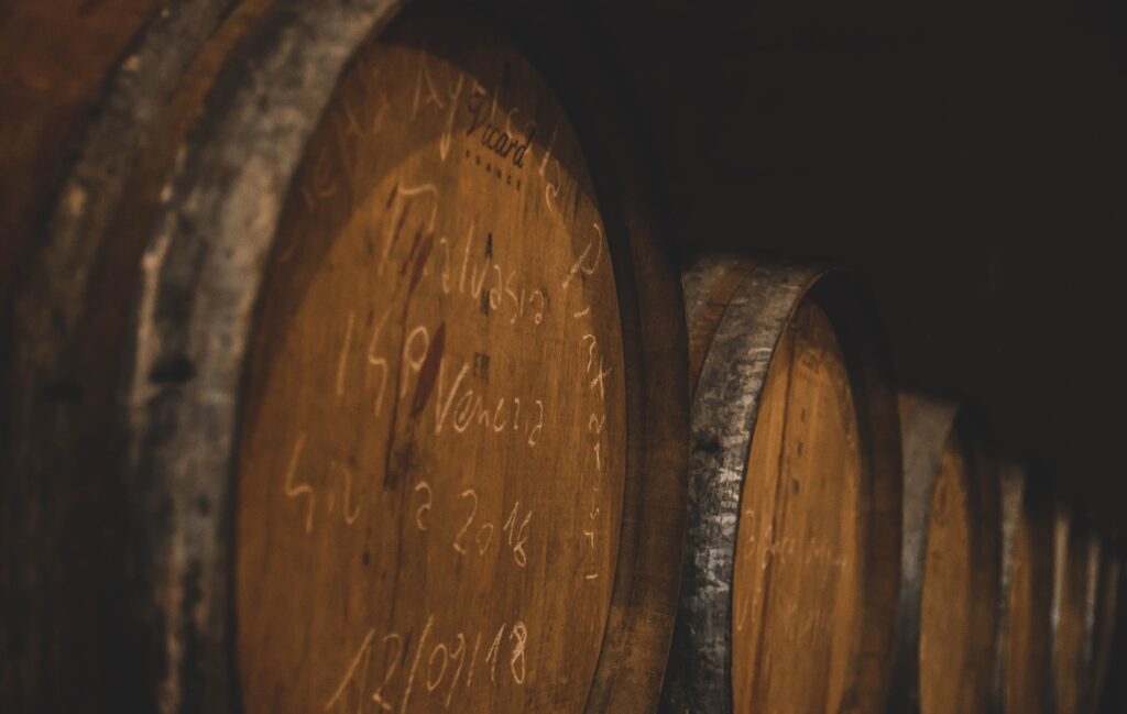 wine barrels low lit